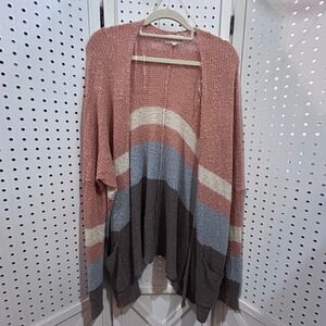 Becool Colorblock Open Front Cardigan Sweater Loose Knit Pink Blue Gray Size L